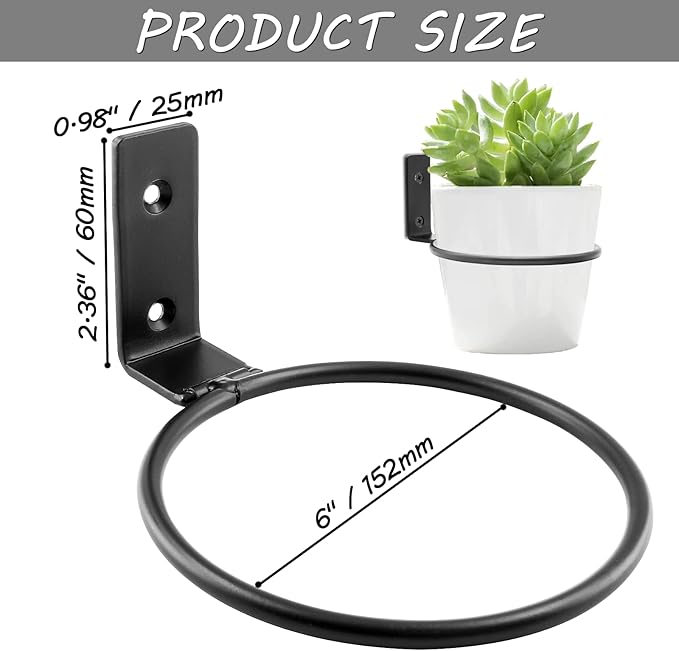 2 Pack 6 inch Flower Pot Holder Ring, Flower Pot Holder Ring Wall Mounted Set Wall Mounted Metal Planter Hanger Matte Black Hanging Plant Holder Jiozermi