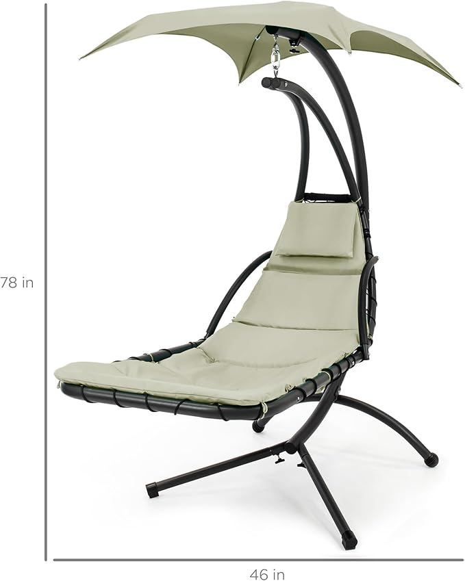 Best Choice Products Outdoor Hanging Curved Steel Chaise Lounge Chair Swing w/Built-in Pillow and Removable Canopy - Sage BestChoiceProducts