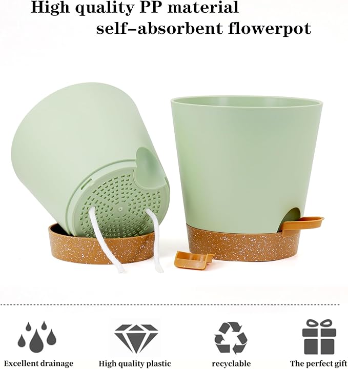 5 Pack 5 inch Self-Watering Pots, African Violets Planter with Drainage Holes and Reservoir, Green Brown Plastic Planter for Indoor Outdoor Plants Flowers and Houseplants Green Brown, 5 inch 5 pcs zople