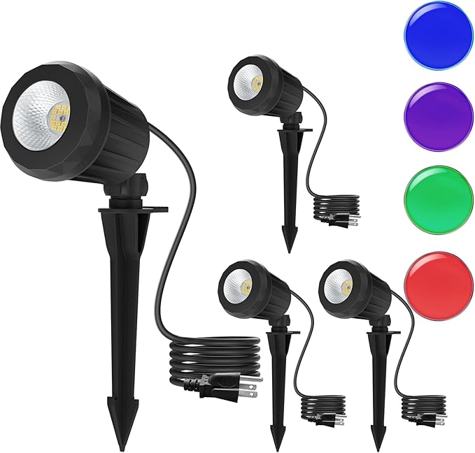 Spotlight Outdoor – 120V Plug-In, 6500K Cool White LED Landscape Lighting with RGB Purple 4 Color Lenses for Yard, Garden, Lawn & Tree Decor on Holidays&Everyday, IP67 Waterproof (4 Pack,Black) Holeva