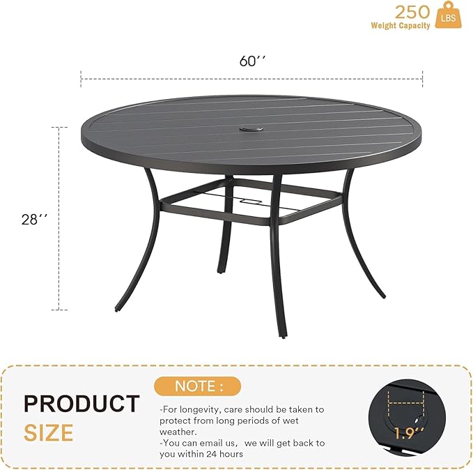 VICLLAX 60" Outdoor Round Patio Table for Lawn Garden, All Weather Metal Round Patio Dining Table with Adjustable Umbrella Hole, Outdoor Table for 8-10 Person, Black Tabletop HOME