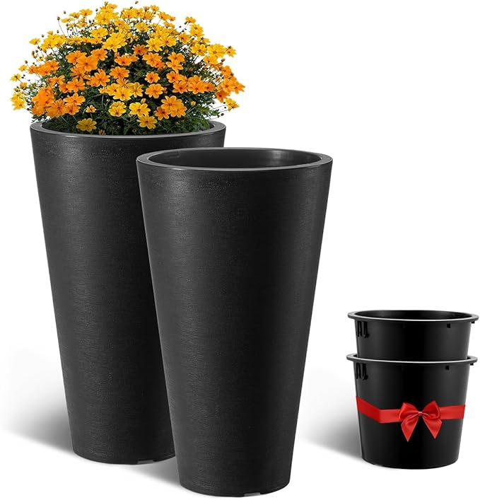 VEVOR Set of 2 Tall Planter for Outdoor Indoor Plants 24inch, Black Round Large Planters for Front Porch, Patio, Tall Taper Flower Tree Plant Pots with Modern Design and Built-in Drainage VEVOR