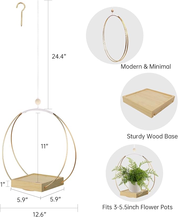 Hanging Planter for Indoor Plants, Plant Hanger with Sturdy Wood Base,Modern Boho Macrame Plant Hanger,Wall Ceiling Window Stands(Plants/Pots Not Included) hismocal