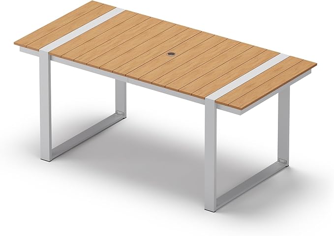 Outdoor Dining Table for 6, HDPS+ Aluminum Patio Dning Table with U-Shape Leg, Size: 67.4"*32.3"*29.6",Modern Rectangular Table for Lawn, Garden (White-Teak) Oasbira