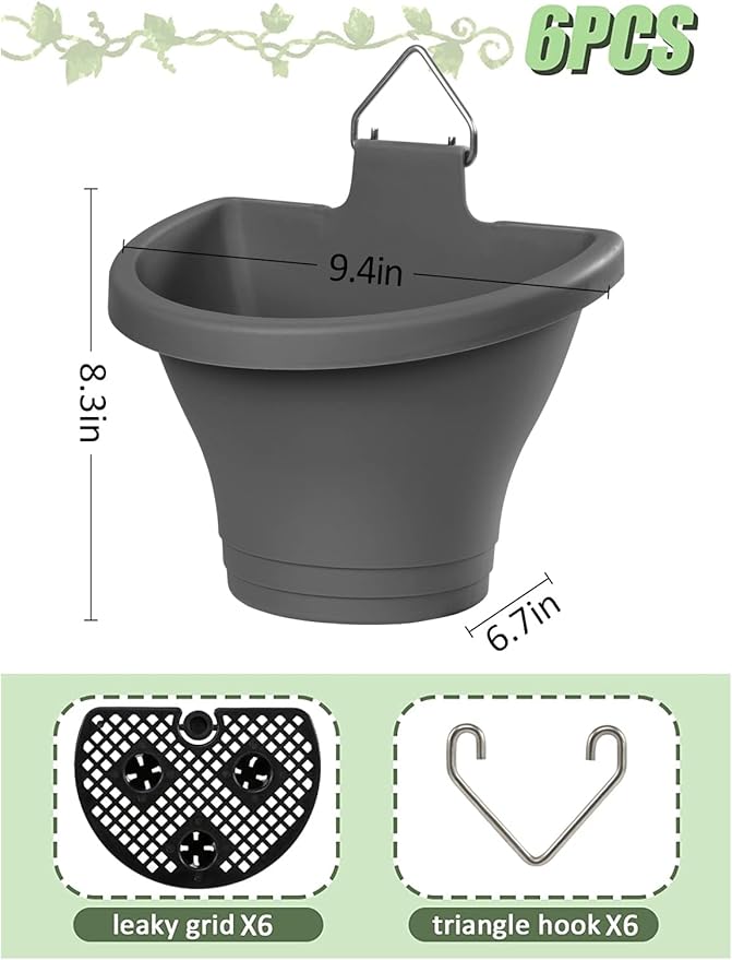 MADHOLLY 6Pcs Vertical Hanging Planters for Outdoor Plants - Wall Plant Holder for Indoor Decorations Garden Fence, Plastic Flower Pots with Drainage Grid and Hooks (Gray) MADHOLLY
