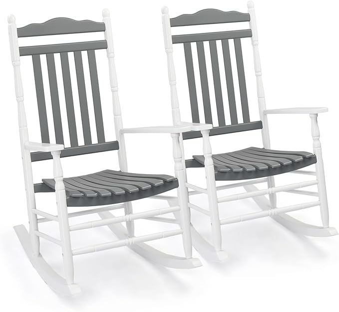 VINGLI Wooden Rocking Chair, Outdoor Chair with 450 lbs Support, Relaxing Rocker with Solid Wood High Back Seat Reclining Seat for Deck, Garden, Backyard, Porch (White & Grey, 2PCS) VINGLI