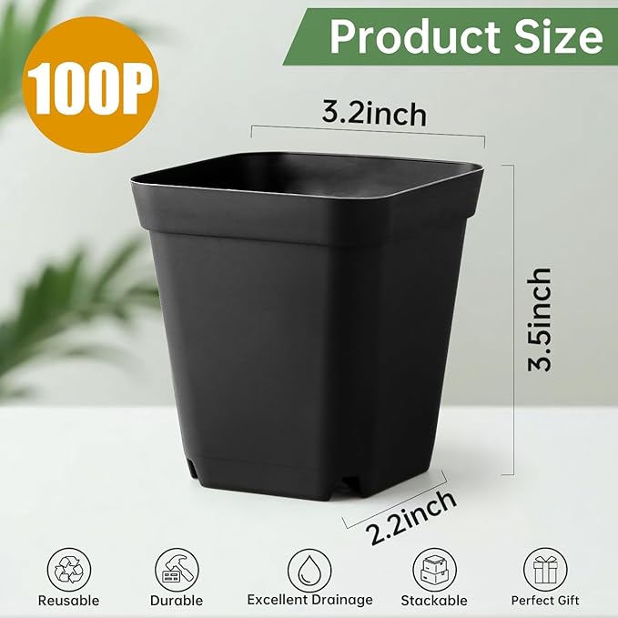 100 Pack Plant Nursery Pots 3.15 Inch, Durable Square Seedling Pots with Drainage Holes, Reusable Small Plastic Flower Pots for Seed Starting, Transplanting, Herb Garden RooTrimmer