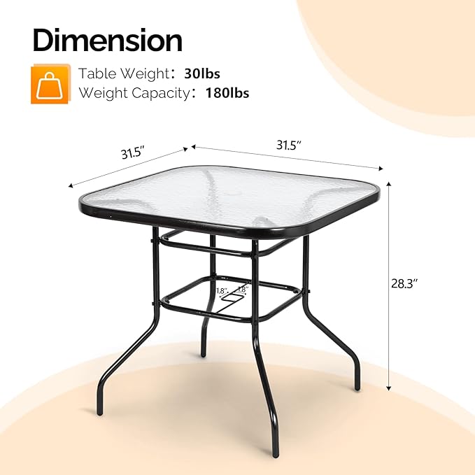 VINGLI Glass Patio Table with Umbrella Hole, 32" Square Outdoor Dining Table Steel Tempered Glass Patio Tables Outdoor Tables for Balcony Garden Deck VINGLI