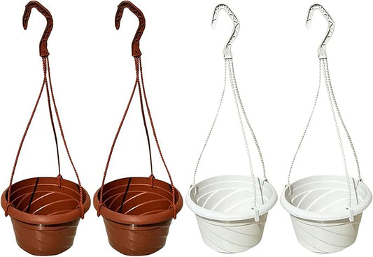 VIDELLY 4 Pieces Plastic Hanging Planters, 5.9 in Dia x 3.54 in H, Flower Plant Basket Pots Chain Holder Garden Decoration for Indoor and Outdoor Use, Beige White & Red VIDELLY