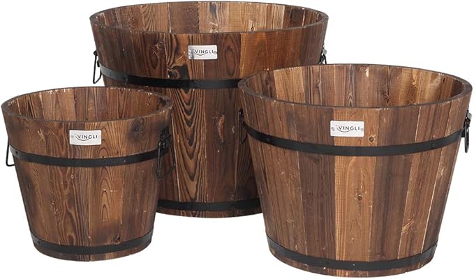 VINGLI 3 PCS Large Wooden Planter Barrel Set, 11.5"(Dia)- 18"(Dia) Real Wood Indoor/Outdoor Flower Pot w/Drainage Holes, Different Sizes, Large Garden Container Box VINGLI