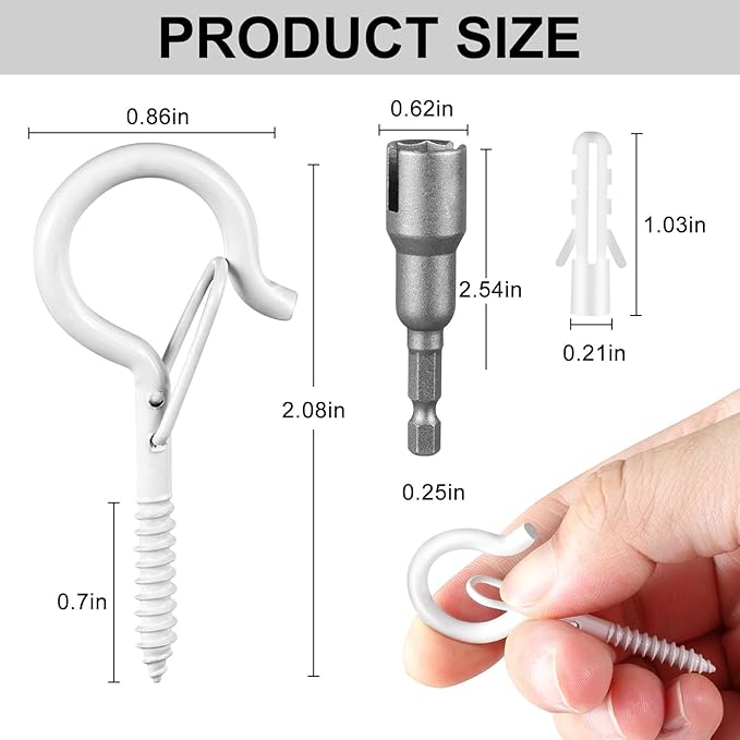 48 PCS Q-Hanger Hooks, Screw Hooks for Outdoor String Lights, Safety Buckle Design Cup Eye Hook for Hanging Christmas Lights, Plants, Mounted on Wall Ceiling, Include 1 Wing Nut Driver, White FSAH
