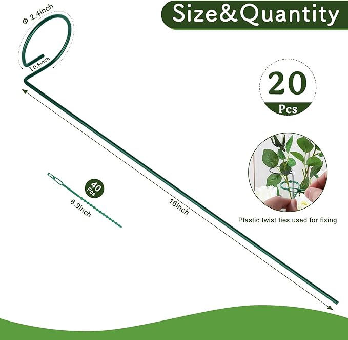 FEED GARDEN 16 Inch 20 Pack Plant Support Stakes, Metal Garden Flower Stakes and Supports for Outdoor Plants, Plant Stem Support with 40 Twist Ties for Amaryllis Lily Rose Peony Tomatoes Gladiolus FEEDGARDEN