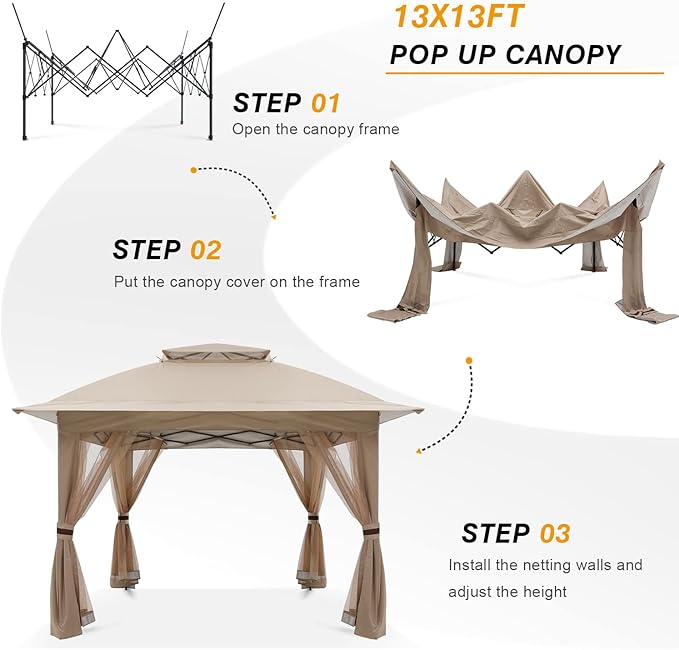 COOSHADE 13x13 Pop Up Gazebo Tent Outdoor Canopy Patio Shelter with Mosquito Netting(Khaki) COOSHADE