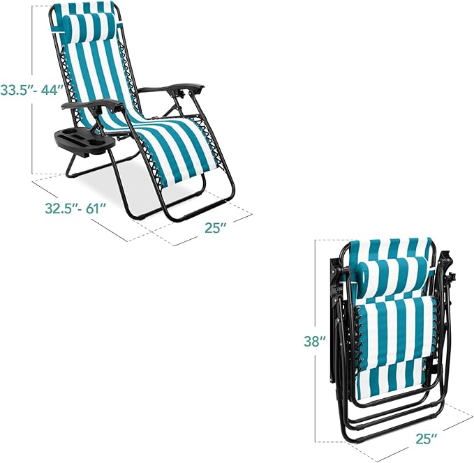 Best Choice Products Set of 2 Adjustable Steel Mesh Zero Gravity Lounge Chair Recliners w/Pillows and Cup Holder Trays - Peacock Striped BestChoiceProducts