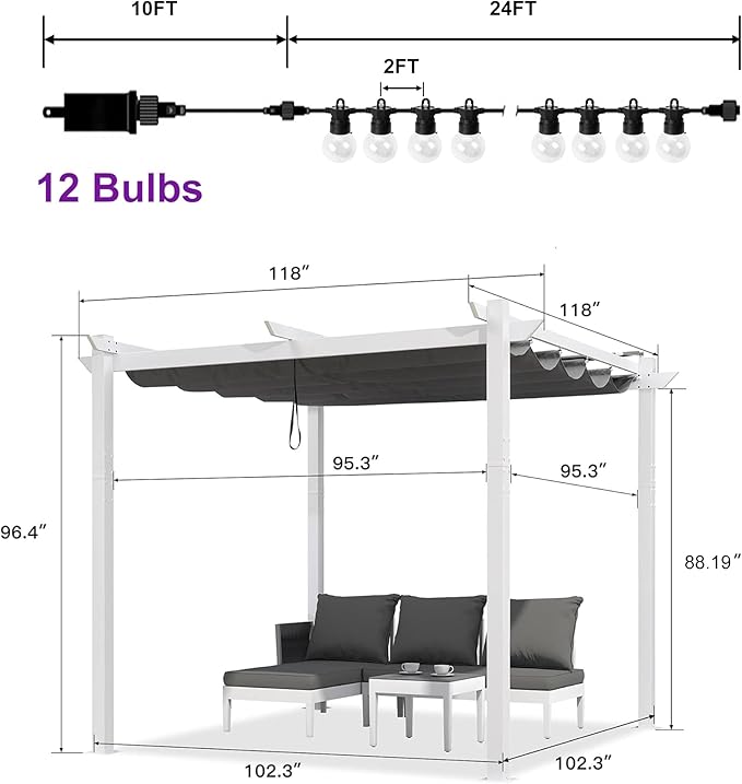 PURPLE LEAF 10' x 13' Outdoor Retractable Pergola with Light Aluminum Patio White Pergolas with Double Sun Shade Canopy for Gardens Deck Backyard, Grey Rootora