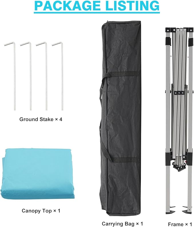 Canopy Tent, 10X10 FT Pop Up Canopy Outdoor Instant Tent Slant Legs with Carrying Bag, Portable Gazebo Shelter for Patio Deck Garden and Beach - 8X8 FT Canopy Cover (Cyan Blue) Oneofics