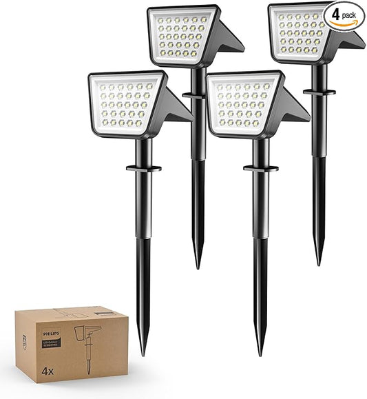 Philips 4 Packs Solar Spot Lights Outdoor Waterproof, 28 LED 7500K Solar Powered Landscape Pathway Lights, Dusk to Dawn Solar Spotlights for Garden, Yard, Lawn, Walkway, Driveway PhilipsLightingLED
