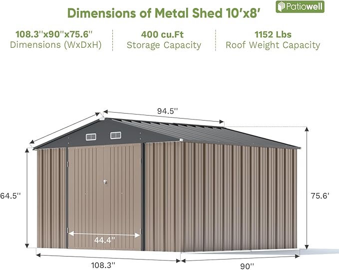 Patiowell 10 x 8 FT Outdoor Storage Shed, Large Garden Tool Metal Shed with Sloping Roof and Double Lockable Door, Outdoor Shed for Backyard Garden Patio Lawn, Brown Patiowell