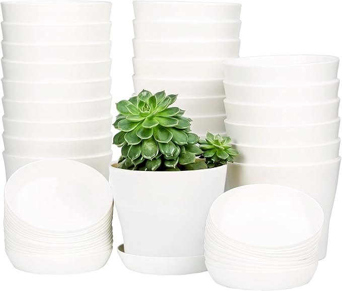 TDHDIKE 10 Pcs Plastic Planters Indoor Flower Plant Pots, Mini Flower Seedlings Nursery Pot/Planter/Flower Pot with Pallet, Modern Decorative Gardening Containers (White25) TDHDIKE