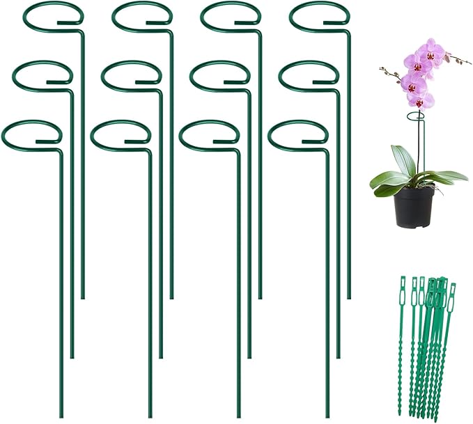 FEED GARDEN 16 Inch 12 Pack Plant Support Stakes, Metal Garden Flower Stakes and Supports for Outdoor Plants, Plant Stem Support with 24 Twist Ties for Amaryllis Lily Rose Peony Tomatoes Gladiolus FEEDGARDEN