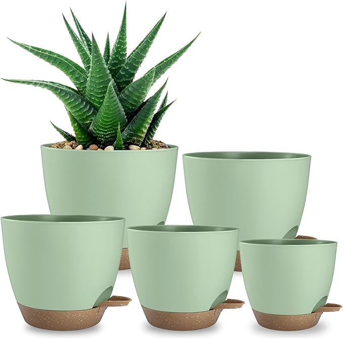 Plant Pots 8/7.5/7/6.5/6 Inch Self Watering Pots,5 Pack Planters with Drainage Holes and Saucers,Plastic Flower Pots,Nursery Planters for Indoor Outdoor Plants (Green) Rootora