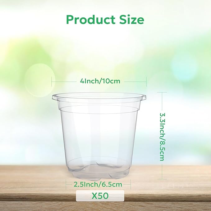 50 Packs 4 Inch Reinforced Clear Nursery Pots with Drainage Holes, Transparent Plastic Plant Pot Seedling Planter for Vegetable Propagation, Root Cutting, Seed Starting Bluepro