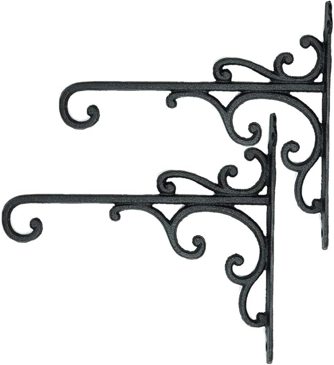Sungmor Cast Iron Wall Hook Plant Hangers - Home & Garden Heavy Duty Hanging Bracket Plant Hooks - 2PC BLACK Decorative Wall Mount Hooks for Hanging Planter Pot Bird Feeder Birdcage Lantern Wind Chime Sungmor