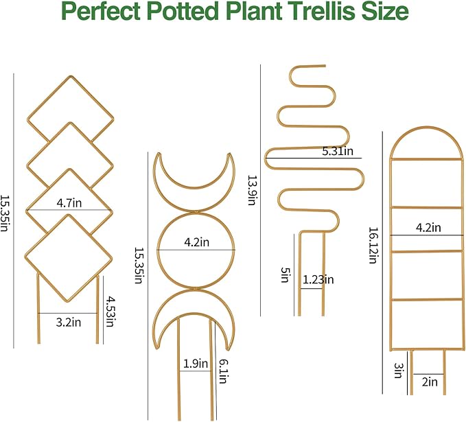 Indoor Plant Trellis for Potted Plants, 16inch Gold Small Trellis for Climbing Plants Outdoor Garden Metal Trellis with Different Patterns for Vine Ivy Flower Plant Support 4 Pack WellSign