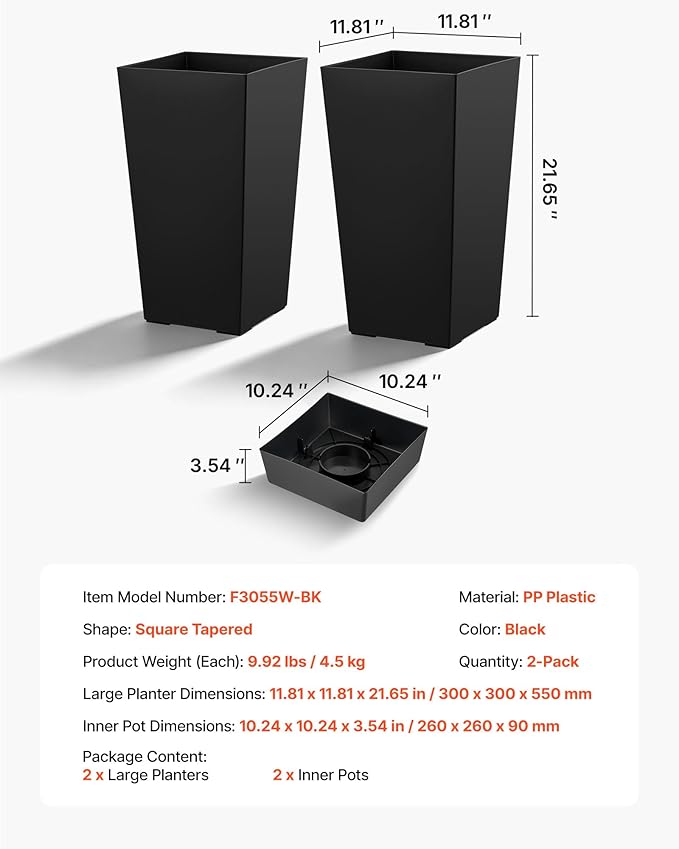 VEVOR Set of 2 Tall Planters for Outdoor Plants 22 inch, Black Tall Planter for Indoor Plants, Modern Planters for Front Porch Patio Balcony, Plant Container Flower Pots with Built-in Drainage VEVOR