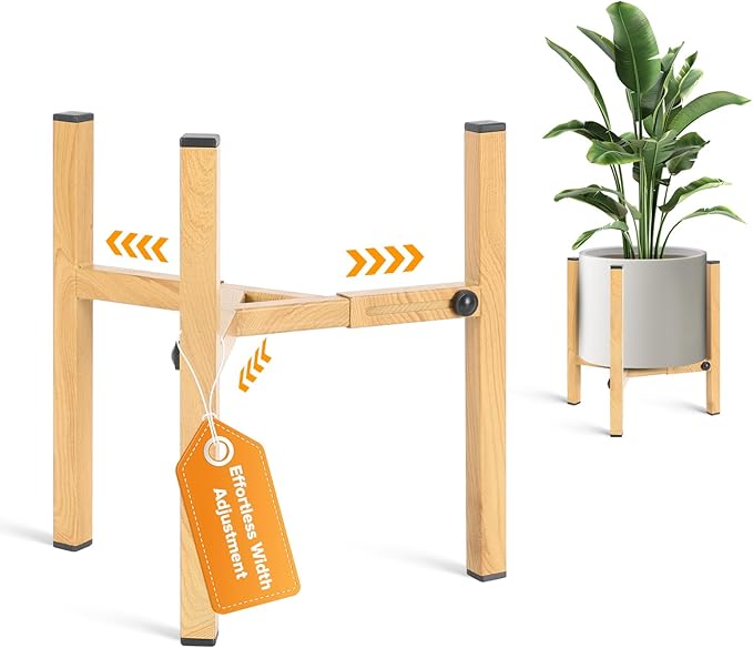 Plant Stand Indoor Adjustable, Metal Modern Indoor Plant Stand, Heavy Duty Plant Stands Outdoor Corner, Stable Plant Holder, Fits 8 to 12 Inches Pots, Black, 1 Pack, Natural Wood-Grain SculptingLightGarden