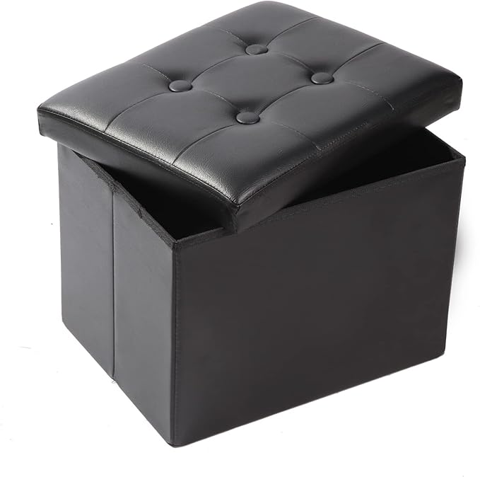 ALASDO Storage Ottoman Footrest Stool Small Ottoman with Storage Foldable Ottoman Leather Foot Rest Footstool Bench for Living Room 17x13x13inches Black ALASDO