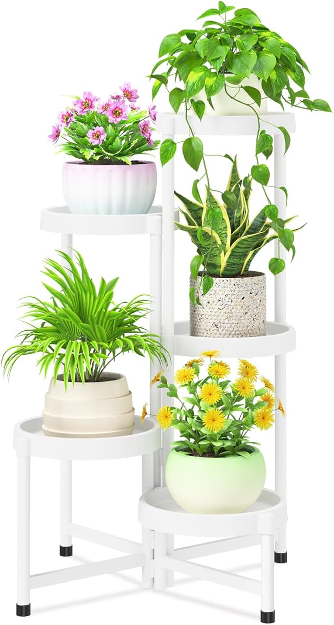 iDavosic.ly 5 Tier Folding Plant Stand Indoor Outdoor with Plastic Tray, Tiered Corner Flower Holder Shelf, Metal Orchid Display Rack for Patio Porch Living Room Garden Balcony, White iDavosicly
