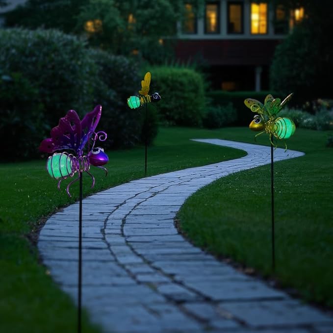 Garden Decor for Outside,3 Pcs Luminous Insect Garden Decorative Stakes,Glow in The Dark Bee Lights Metal Yard Art,Waterproof Outdoor Spring Lawn Patio Pathway Decoration for Mom,Women,Grandma SATHGA