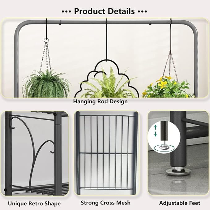 SORCEDAS Plant Stand Indoor Outdoor 3 Tier Tall Corner Hanging Plant Shelf Metal Flower Stands Ladder Plant Holder for Living Room Balcony Garden Patio Multiple Plants, Dark Grey SpecialYourHome