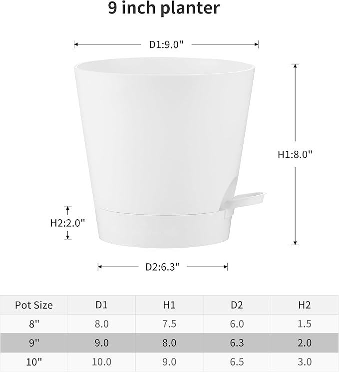 FaithLand 2-Pack 9 Inch Planter Pots for Indoor Outdoor Plants, Self Watering Flower Pots with Deep Reservoir, White … FaithLand