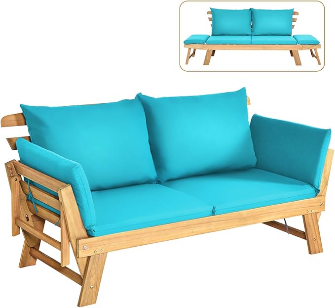 Tangkula Convertible Acacia Wood Patio Couch Sofa Bed with Adjustable Armrest, Outdoor Daybed with Cushion & Pillows, Outside Folding Futon Sofa Couch Bench for Porch, Courtyard, Poolside & Garden TANGKULA