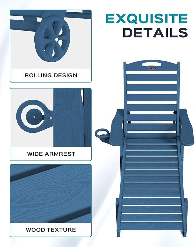 Ciokea Lounge Chair Outdoor, Oversized Chaise Lounge Chair with 5 Positions, HDPE, Patio Lounge Chair with Wheels & Cup Holder for Pool, Deck, Poolside, Azure Blue CIOKEA