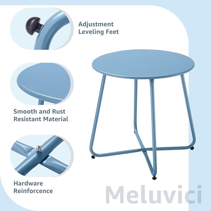 Patio Outdoor Side Table Waterproof Round Metal Steel Small Side Table Weather Resistant Portable Outdoor and Indoor End Table for Garden Balcony Yard, Blue Meluvici