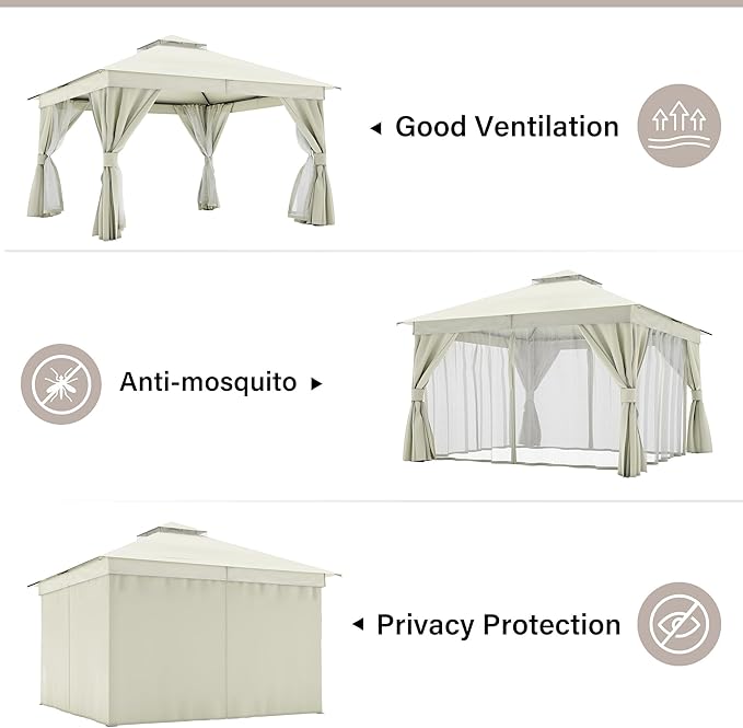 LAUSAINT HOME Semi-Permanent Outdoor Patio Gazebo 12'x12', Heavy Duty Party Tent Shelter with Double Roofs, Mosquito Nettings and Privacy Screens for Backyard, Garden, Lawn, Cream White LAUSAINTHOME