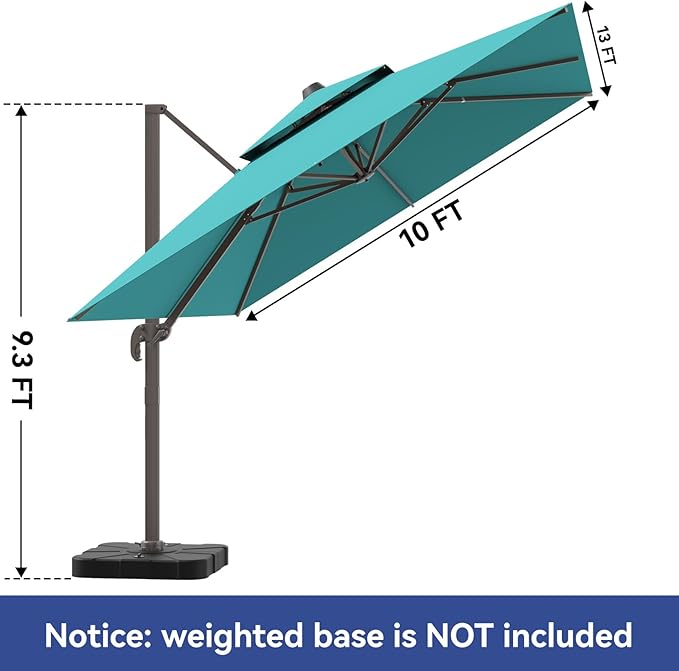 10x13FT Cantilever Outdoor Patio Umbrellas, Double Top Large Rectangle Umbrella, Heavy Duty 360° Rotation Offset Outdoor Sun Shade Umbrella for Garden Deck Pool Backyard Patio, Turquoise ZLACUIU