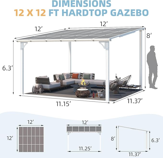 AECOJOY 12' x 12' White Gazebo Outdoor Pergola for Patio, Large Wall-Mounted Hard Top Lean to Metal Gazebo Shelter Pergolas and Gazebos Clearance with Patio Roof, Heavy Duty Awnings for Patio AECOJOY