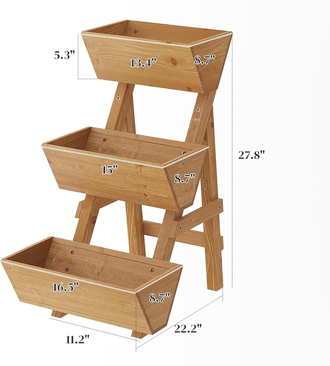 3-Tier Wooden Vertical Raised Garden Bed with Legs, Tiered Planter Box, Vertical Garden Planter,Wood Plant Stand Wood Flower Rack for Patio, Balcony, Freestanding. (Brown-Small) PULIJIAJU