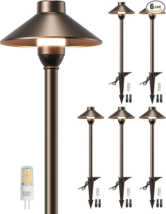 PARTPHONER Low Voltage Landscape Lighting 6-Pack, Aluminum 12V Pathway Lights with G4 Bulbs, Waterproof Oil Rubbed Bronze Color Wired Path Lights with Connectors for Walkway Yard Garden PARTPHONER