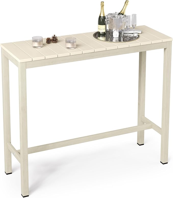 Outdoor Bar Table, 45" Patio Bar Height Counter Console Table, Waterproof HDPS Slatted Top, Weather Resistant, Hot Tub, Balcony, Yard, Indoor or Outdoor Use, Sand COZYMAN