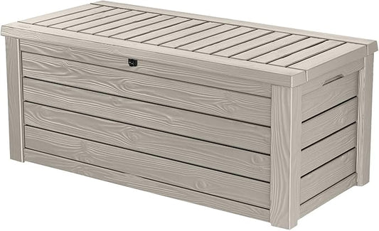 Keter Westwood 150 Gallon Resin Large Outdoor Storage Box for Patio Furniture, Outdoor Cushions, Garden Tools and Pool Floats, Beige Keter