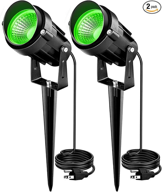 Christmas Green LED Spot Lights Landscape Lights Outdoor, 110v Plug in Landscape Lighting with IP66 Waterproof Halloween Spotlights for Garden Pathway Tree Pathway, 2 Pack7W Green LED Landscape Lights Aoaxl