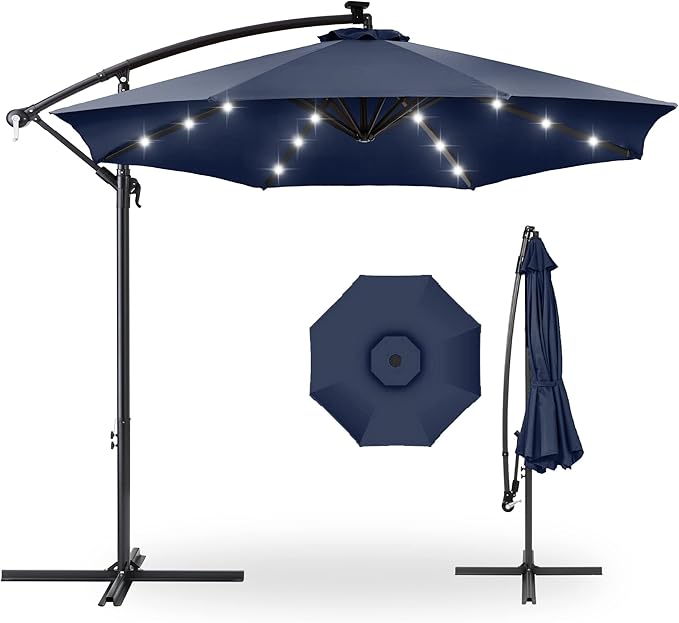 Best Choice Products 10ft Solar LED Offset Cantilever Hanging Market Patio Umbrella, 8 Sturdy Ribs, Easy Adjustment - Navy Blue BestChoiceProducts