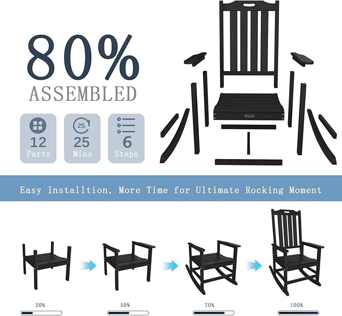 Oversized Rocking Chair Set of 8, Outdoor Rocking Chair for Adults, All Weather Resistant Porch Rocker for Lawn Garden, Black THOEOE