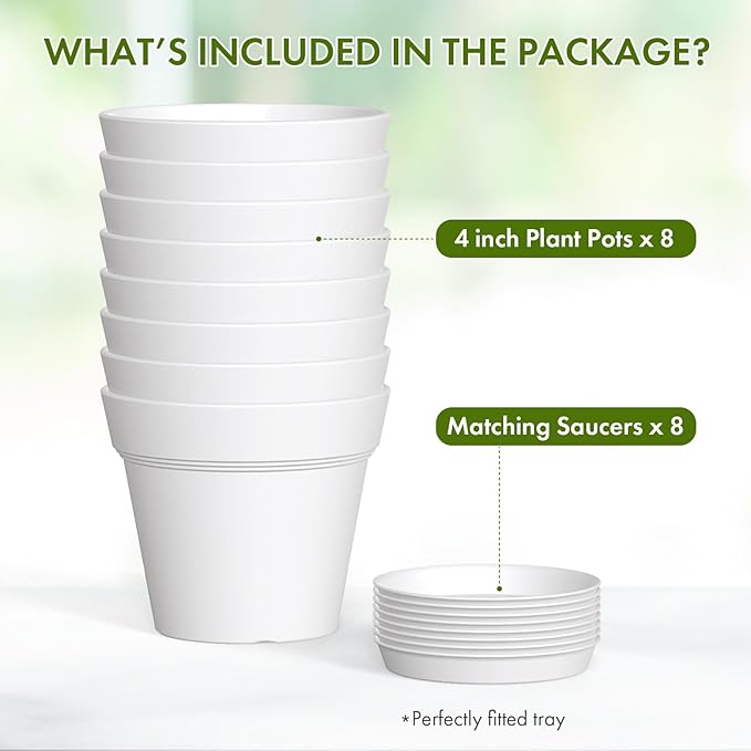 4 Inch Plastic Plant Pots with Drainage Holes and Trays – 8 Pack Small Nursery Pots for Indoor & Outdoor House Plants and Flowers, Seedling Starter Planters, White WSMKSZ