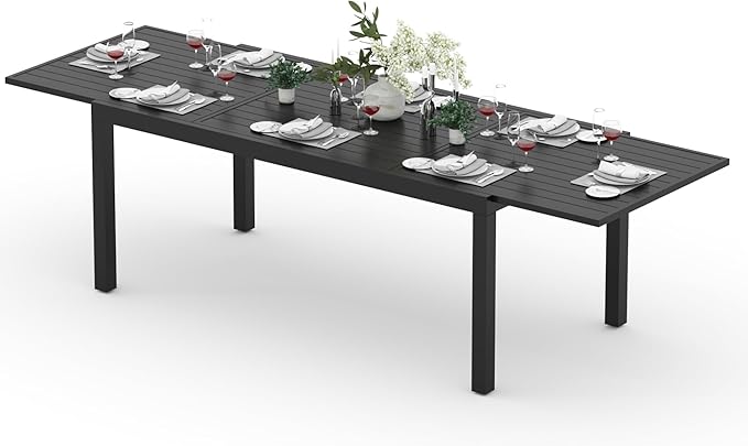 Outdoor Expandable Dining Table 71"-106" Aluminum Patio Dinner Table for 8-10 Person, Rectangular Metal Collapsible Tables with Umbrella Hole, Patio Tables with Extendable Top for Garden, Backyard PIZZELLO